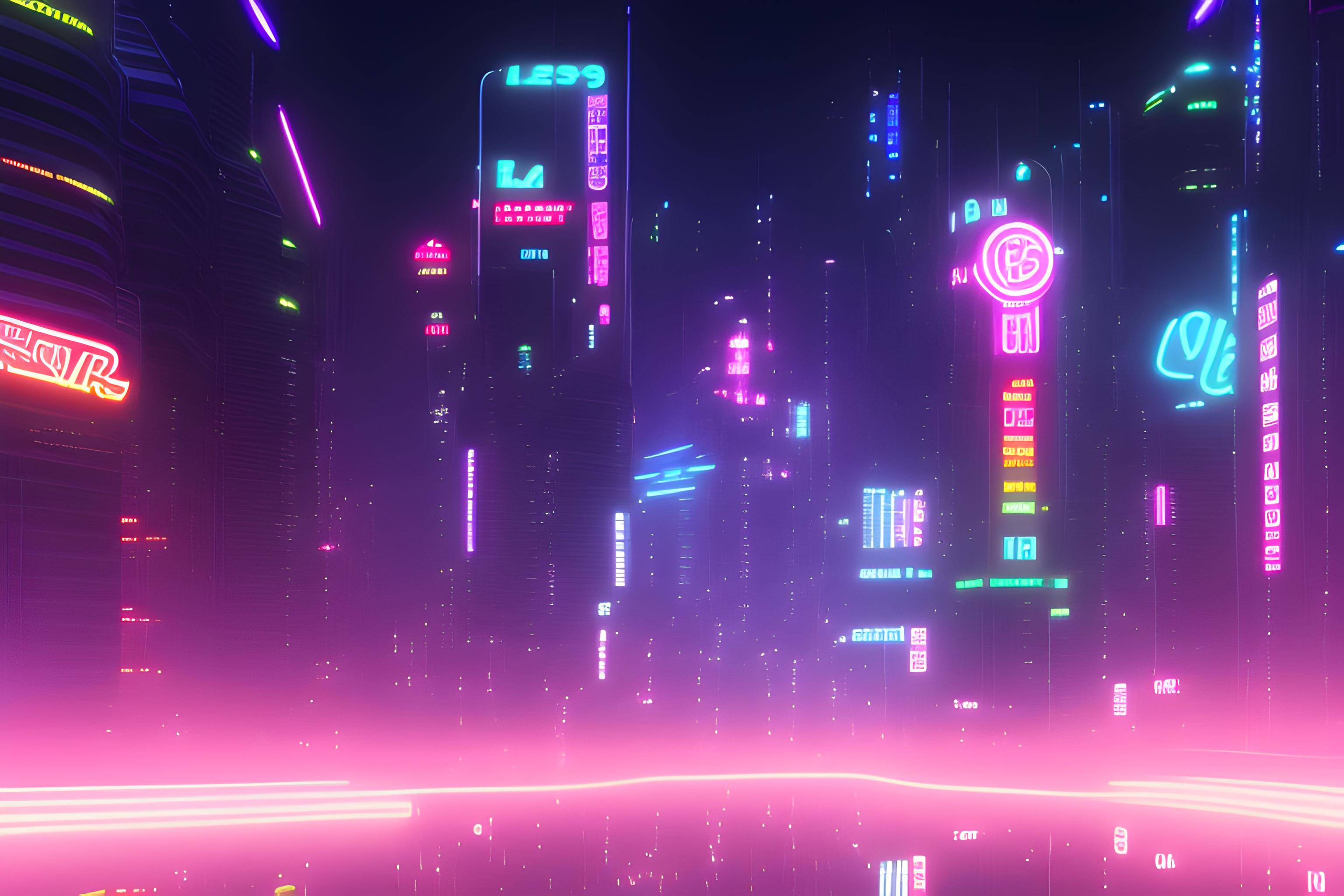 A cyberpunk city skyline at night with neon lights. and this text on one of them ' RAMIONTOP #1 '